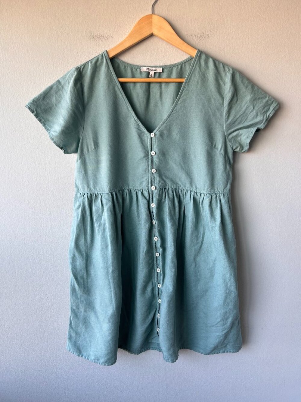 Madewell Alexandra Linen Blend Button Front Mini Dress Teal Green Size S